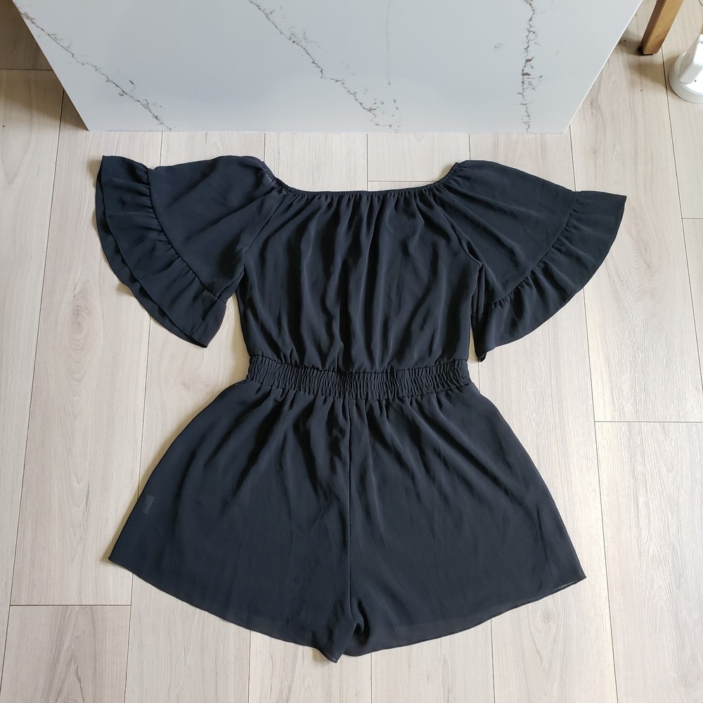 Off Shoulder Romper Womens XL Black Chiffon Flowy Jumpsuit - Picture 2 of 6